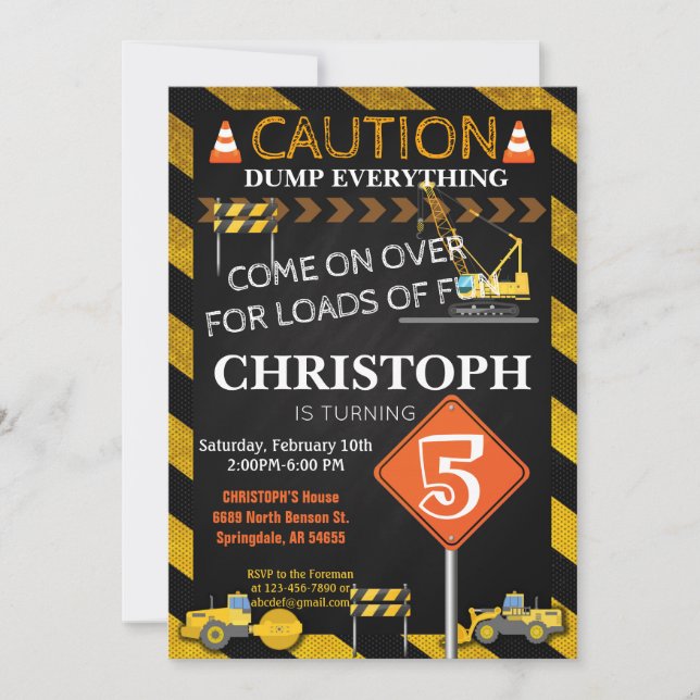 Invitación Fiesta de cumpleaños de construcción (Anverso)