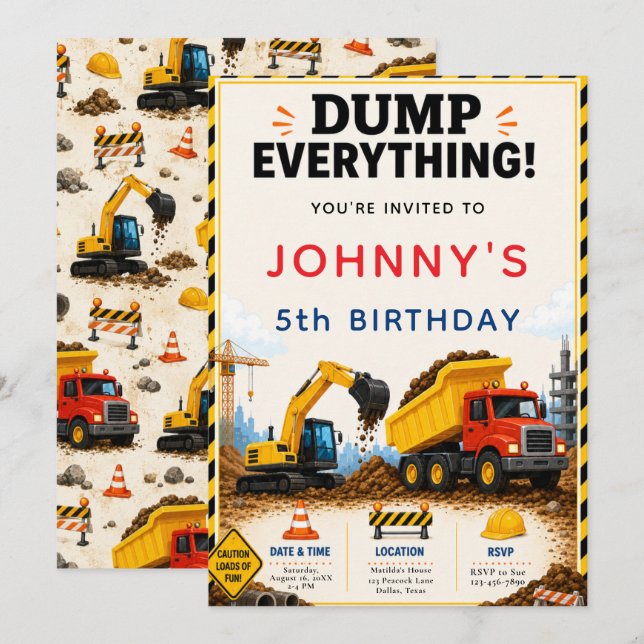 Invitación Fiesta de Cumpleaños de Construcción (Anverso / Reverso)