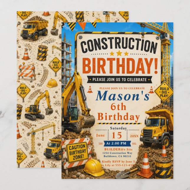 Invitación Fiesta de cumpleaños de construcción (Anverso / Reverso)