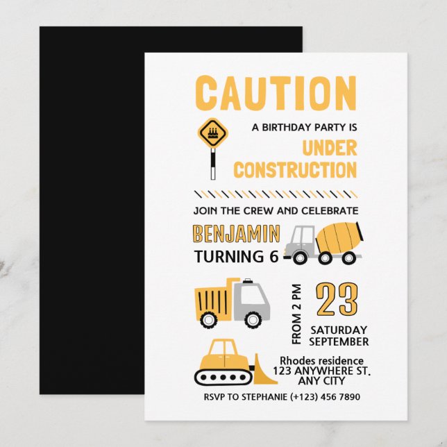 Invitación Fiesta de cumpleaños de construcción (Anverso / Reverso)