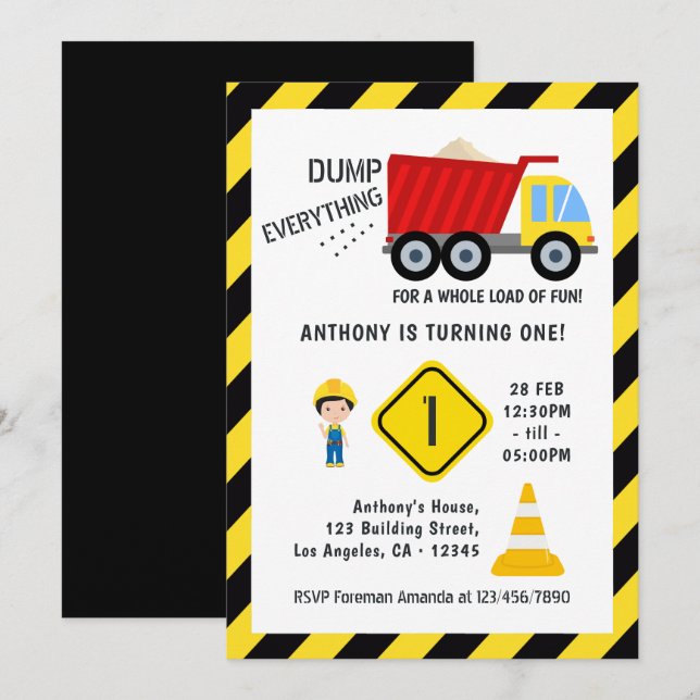 Invitación Fiesta de cumpleaños de construcción (Anverso / Reverso)