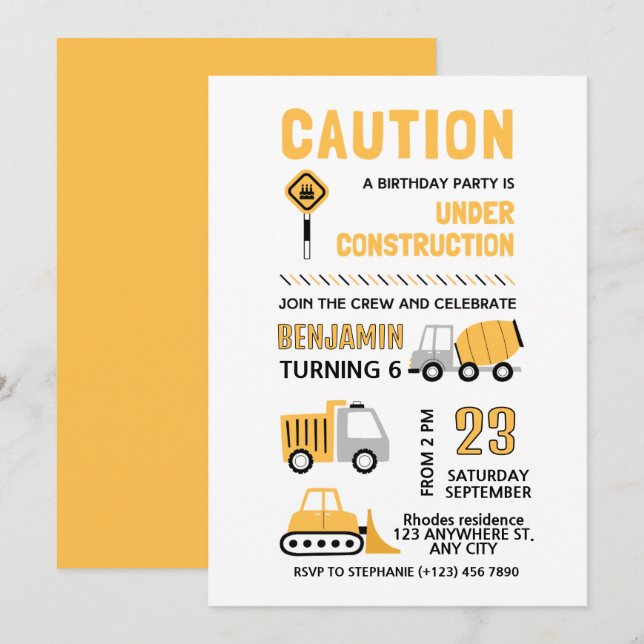 Invitación Fiesta de cumpleaños de construcción (Anverso / Reverso)