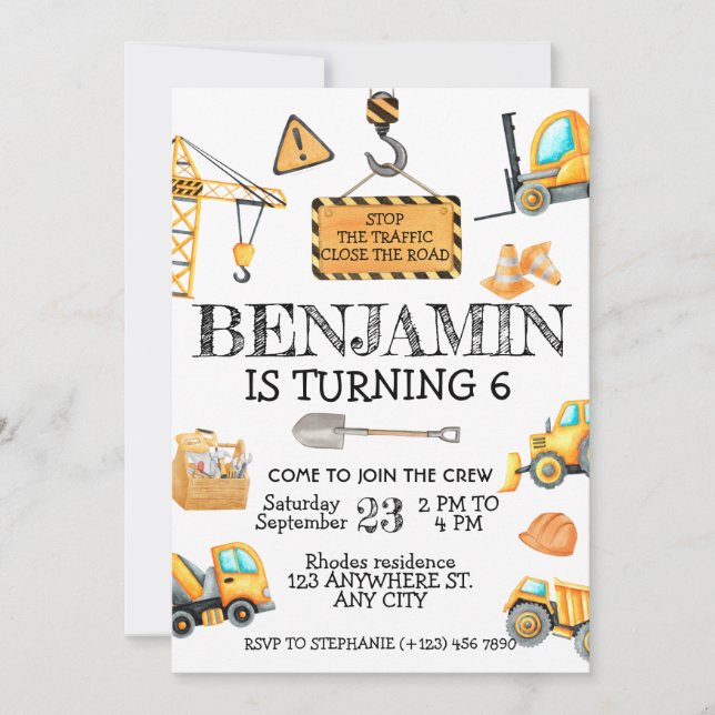 Invitación Fiesta de cumpleaños de construcción (Anverso)