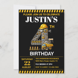 Invitación Fiesta de Cumpleaños de Construcción Adorable 4 añ