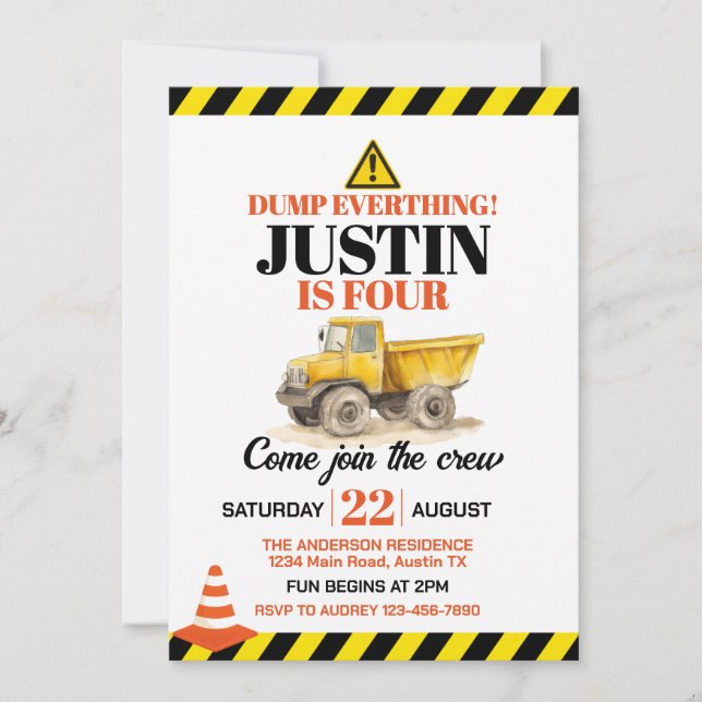 Invitación Fiesta de Cumpleaños de Construcción Adorable para (Anverso)