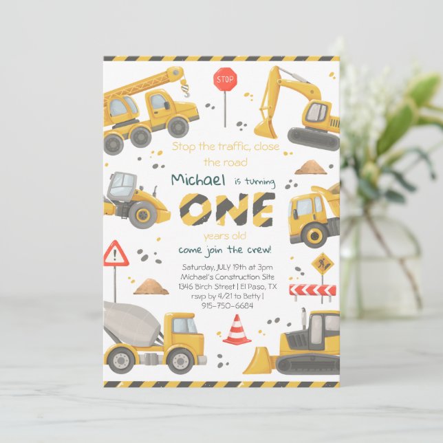 Invitación Fiesta de cumpleaños de construcción con acuarela (Anverso de pie)