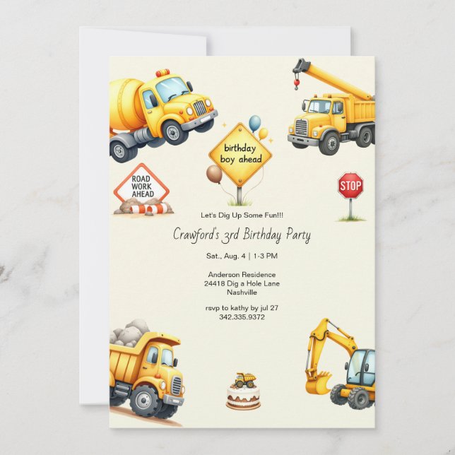 Invitación Fiesta de cumpleaños de construcción de niño (Anverso)