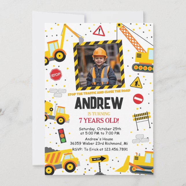 Invitación Fiesta de cumpleaños de construcción de personaliz (Anverso)