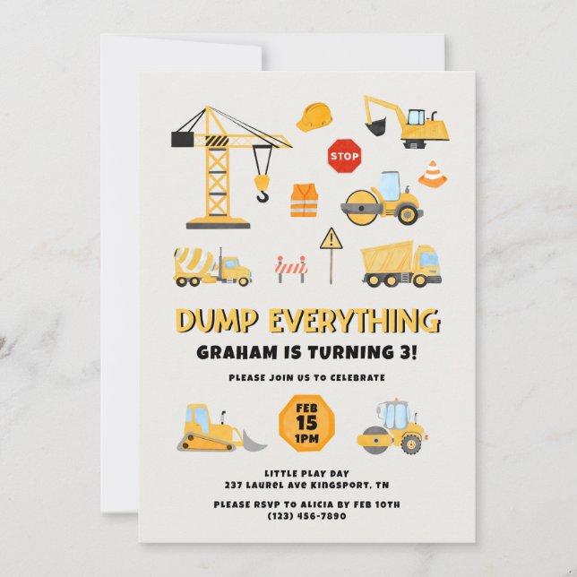 Invitación Fiesta de Cumpleaños de Construcción Dump Everythi (Anverso)