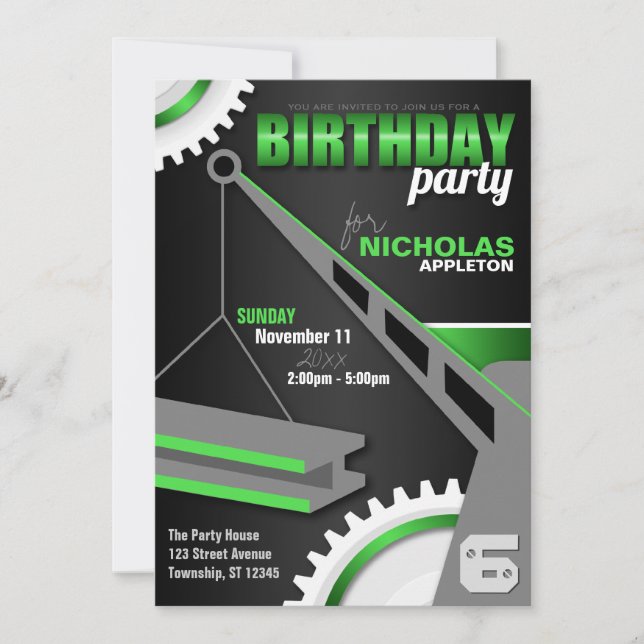 Invitación Fiesta de cumpleaños de construcción e ingeniería (Anverso)