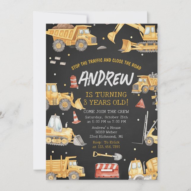 Invitación Fiesta de Cumpleaños de Construcción Moderna Negra (Anverso)