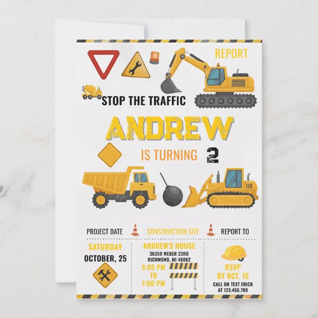 Invitación Fiesta de Cumpleaños de Construcción Moderna para  (Anverso)