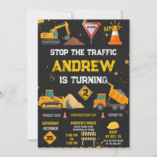 Invitación Fiesta de Cumpleaños de Construcción Moderna para  (Anverso)