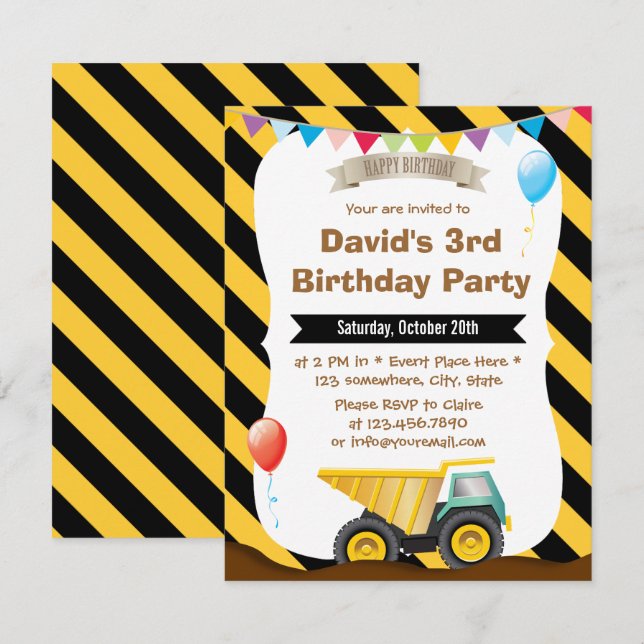 Invitación Fiesta de cumpleaños de construcción para niños (Anverso / Reverso)