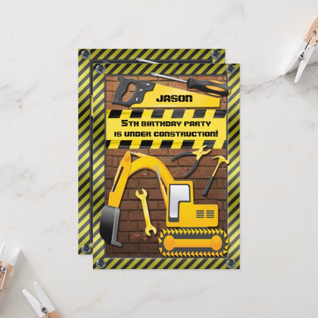 Invitación Fiesta de cumpleaños de construcción para niños (Anverso/Reverso In Situ)