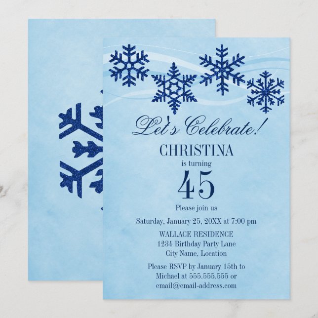 Invitación Fiesta de cumpleaños de copas de nieve en invierno (Anverso / Reverso)