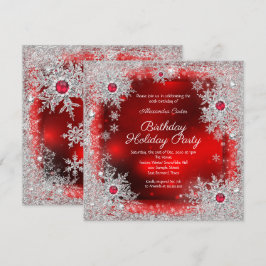 Invitación Fiesta de cumpleaños de copo de nieve plateado roj