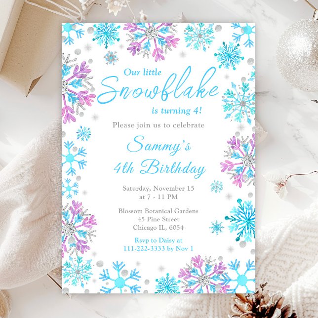 Invitación Fiesta de Cumpleaños de Copos de Nieve Morados y A (Subido por el creador)