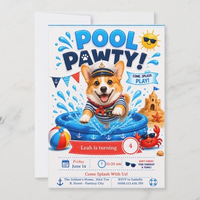 Invitación Fiesta de Cumpleaños de Corgi en la Piscina - Capi (Anverso)