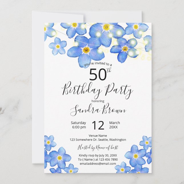 Invitación Fiesta de cumpleaños de Country Blue Forget-Me-Not (Anverso)