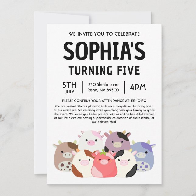 Invitación Fiesta de cumpleaños de Cow Squishmallow (Anverso)