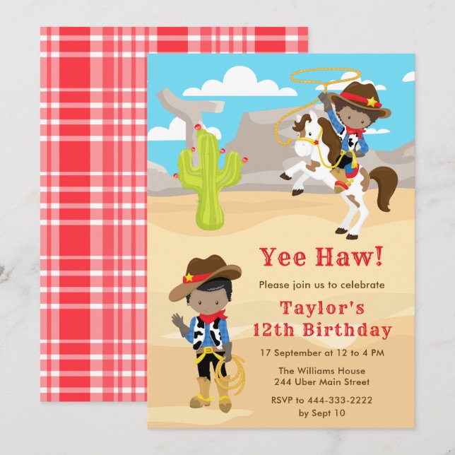 Invitación Fiesta de cumpleaños de Cowboy de piel oscura (Anverso / Reverso)