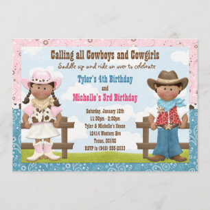 Invitación Fiesta de cumpleaños de Cowboy y Cowgirl Joint Sib