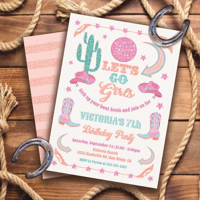 Invitación Fiesta de cumpleaños de Cowgirl Purpurina Disco (Subido por el creador)