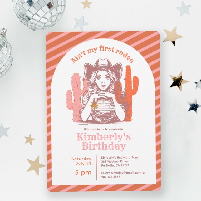 Invitación Fiesta de cumpleaños de Cowgirl Rosa Retro Disco B (Subido por el creador)