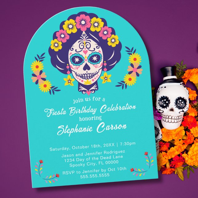 Invitación Fiesta de Cumpleaños de Cráneo de Azúcar Floral Br (Subido por el creador)