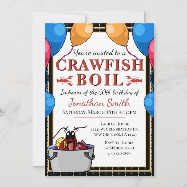 Invitación Fiesta de cumpleaños de Crawfish Boil (Anverso)