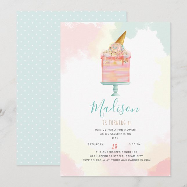 Invitación Fiesta de cumpleaños de crema de hielo acuarela (Anverso / Reverso)