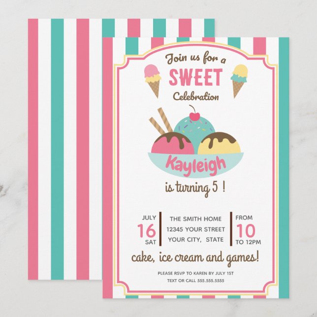 Invitación Fiesta de cumpleaños de crema de hielo retro Verde (Anverso / Reverso)
