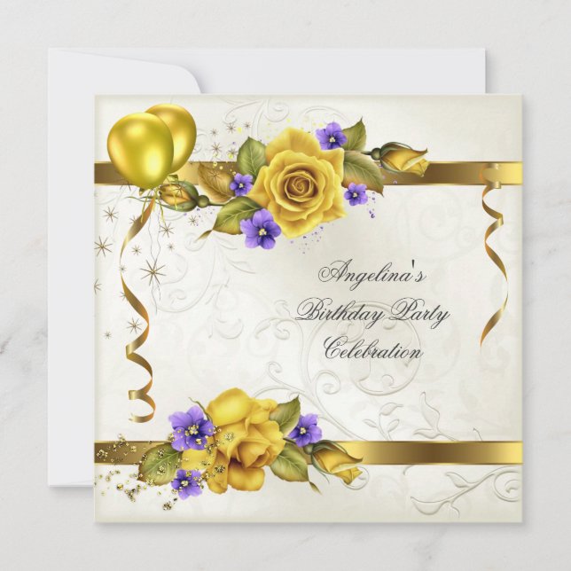 Invitación Fiesta de cumpleaños de crema morada de oro amaril (Anverso)