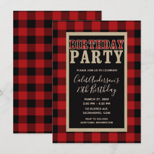 Invitación Fiesta de Cumpleaños de Cuadros Negros y Rojos Rús