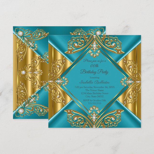 Invitación Fiesta de cumpleaños de cualquier edad azul turque (Anverso / Reverso)