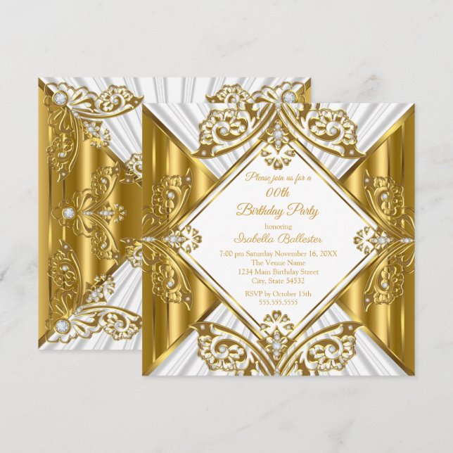 Invitación Fiesta de cumpleaños de cualquier edad blanca oro  (Anverso / Reverso)