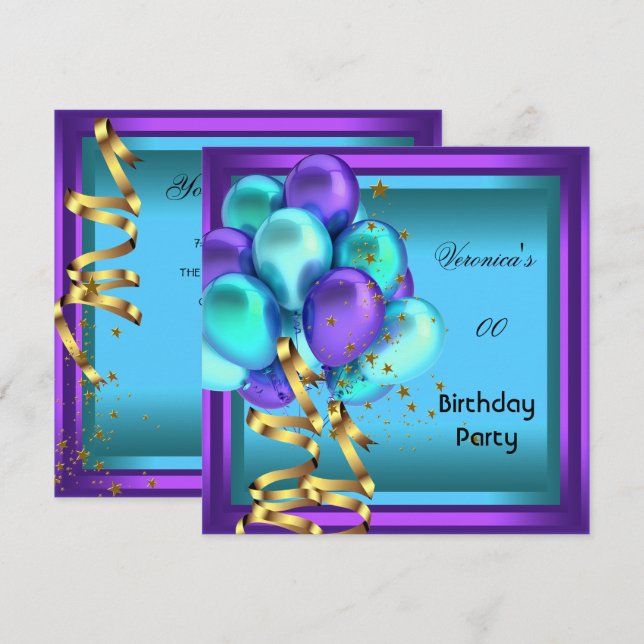 Invitación Fiesta de cumpleaños de cualquier edad globos púrp (Anverso / Reverso)