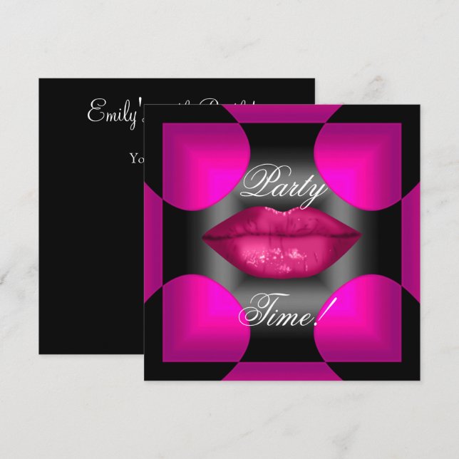 Invitación Fiesta de Cumpleaños de Cualquier Edad Labios Rosa (Anverso / Reverso)