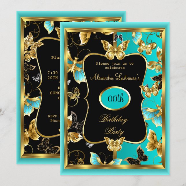 Invitación Fiesta de cumpleaños de cualquier edad Mariposa az (Anverso / Reverso)