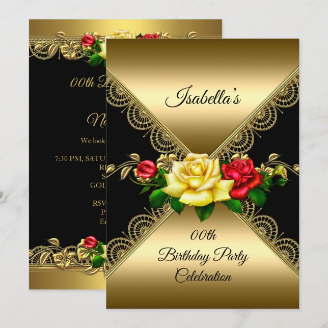 Invitación Fiesta de Cumpleaños de cualquier edad Rosas negra (Anverso / Reverso)
