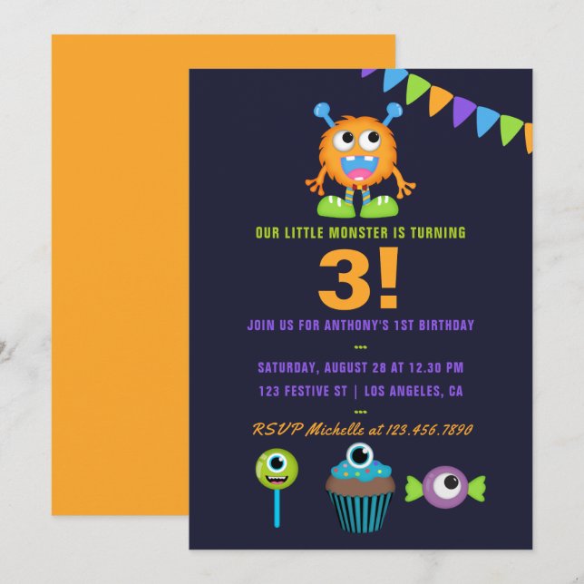 Invitación Fiesta de cumpleaños de cualquier pequeño monstruo (Anverso / Reverso)