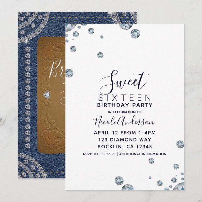 Invitación Fiesta de Cumpleaños de Cuero Denim & Diamonds Dul (Anverso / Reverso)
