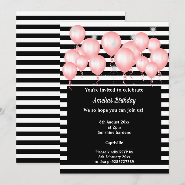 INVITACIÓN FIESTA DE CUMPLEAÑOS DE CUMPLEAÑOS DE BALLONES DE  (Anverso / Reverso)