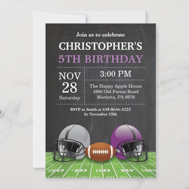 Invitación Fiesta de cumpleaños de cumpleaños de fútbol morad (Anverso)