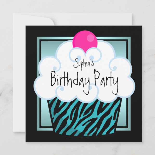 Invitación Fiesta de Cumpleaños de Cupcakes de Niñas Cebra Az (Anverso)