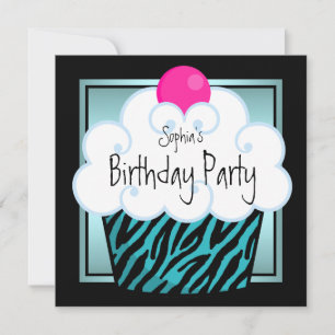 Invitación Fiesta de Cumpleaños de Cupcakes de Niñas Cebra Az