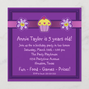 Invitación Fiesta de cumpleaños de cupcakes morados para niña