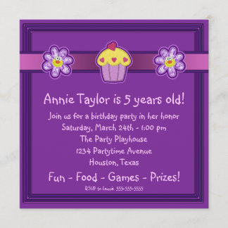 Invitación Fiesta de cumpleaños de cupcakes morados para niña