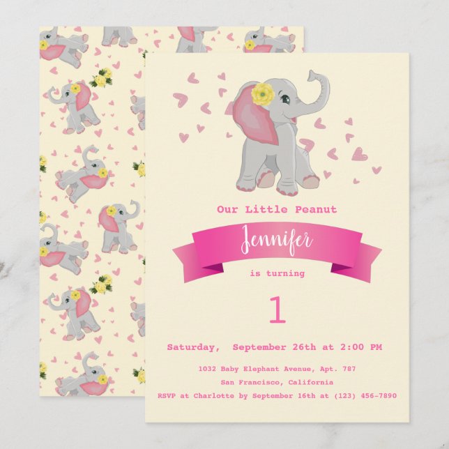 Invitación Fiesta de cumpleaños de Cute Baby Elephant Floral (Anverso / Reverso)